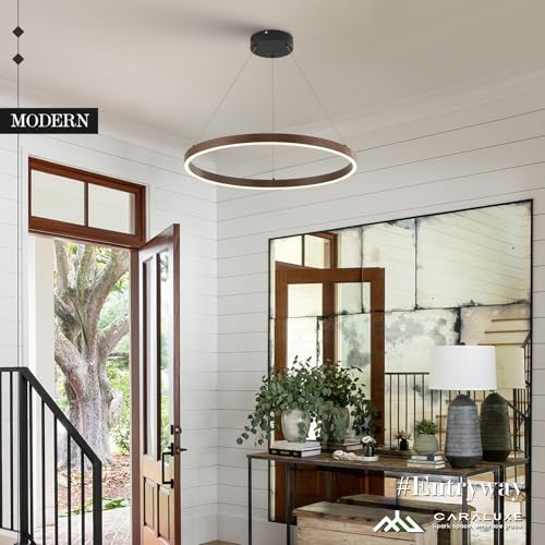 LED Ring Chandelier Walnut Wood Chandeliers 24in Dimmable