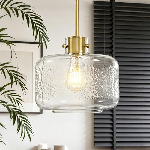 Gold Pendant Lights Kitchen Island with 9.84in Hammered Glass Shade 1Pack