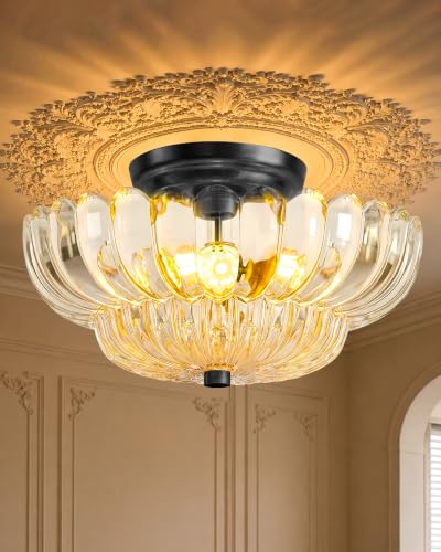 Semi Flush Mount Ceiling Light Fixture 11.8" Vinatge Black Ceiling Lights Mid Century Modern Clear Glass Close to Ceiling Lighting Fixtures for Bedroom Hallway Foyer Bathroom Kitchen Entryway