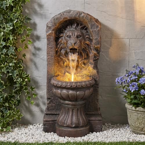 30" Outdoor Fountain LED Stone Cascading Waterfall with Lion Head