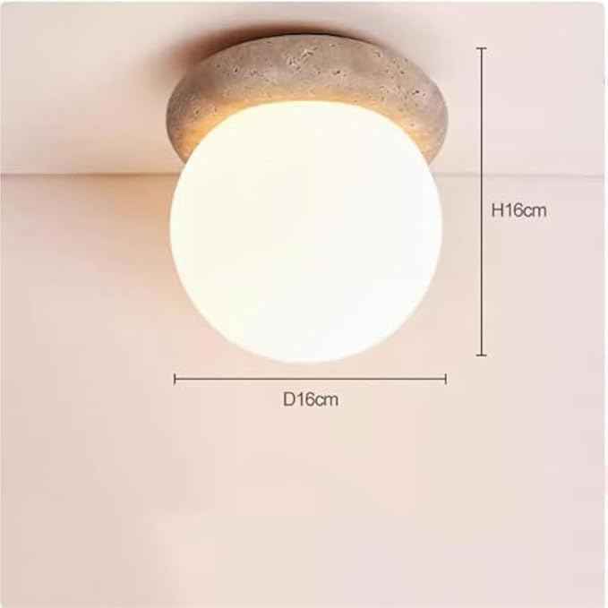 E26/E27Natural Yellow Travertine Semi Flush Mount Ceiling Light, 6-Inch Round Frosted Glass Globe, E26 Wabi-Sabi Japandi Style, Modern Minimalist Decor or Hallway, Entryway