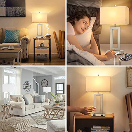 22" Silver Modern Table Lamp Set of 2 with 2 USB Ports&AC Outlet (2 Count)
