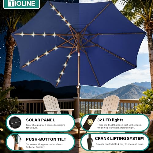 9 FT Outdoor Umbrella with solar lights Patio Table Umbrella Navy