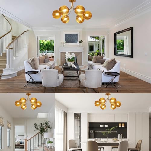 6 Light Amber Glass Close to Ceiling Chandelier Flush Mount Light