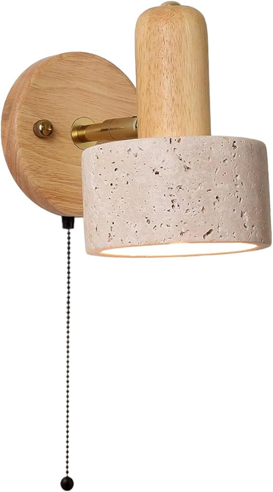 Nordic Style Natural Stone Wall Lamp, Yellow Travertine Wall Sconce with Adjustable Marble Lampshade & Wood Base, Japanese Style Wabi-sabi Art Lighting Fixture for Bedside(Wood,Pull Switch)