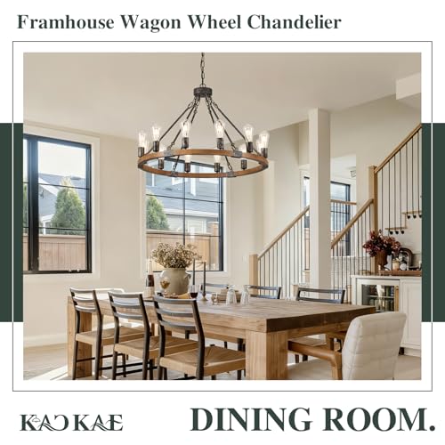 Farmhouse Wagon Wheel Chandelier 31" Oak Wood Chandelier Light Fixture 12