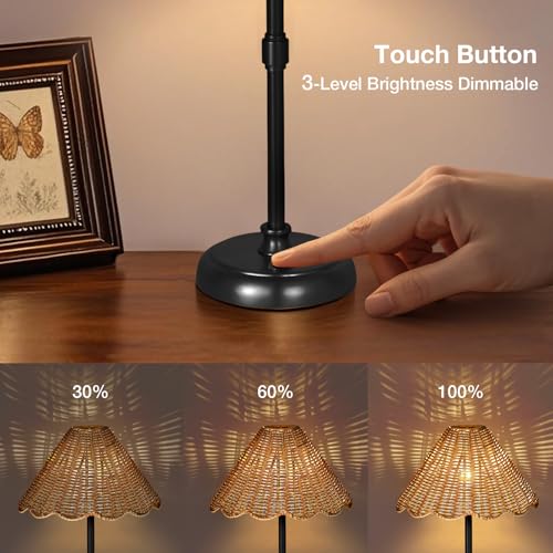 Cordless Boho Rattan Table Lamp Black