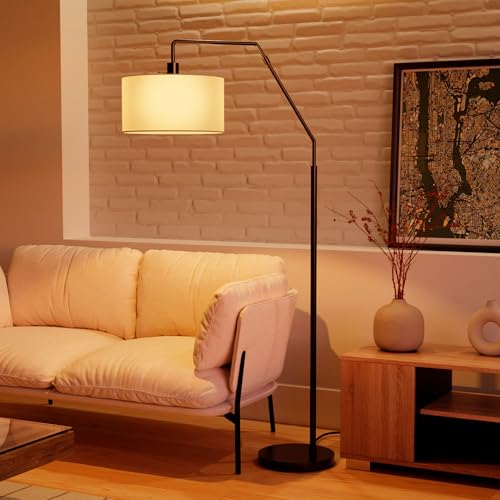 65" Matte Black Floor Lamp with White Fabric Shade