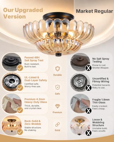 Semi Flush Mount Ceiling Light Fixture 11.8" Vinatge Black Ceiling Lights Amber Mid Century Modern Glass Close to Ceiling Lighting Fixtures for Bedroom Hallway Foyer Bathroom Kitchen Entryway