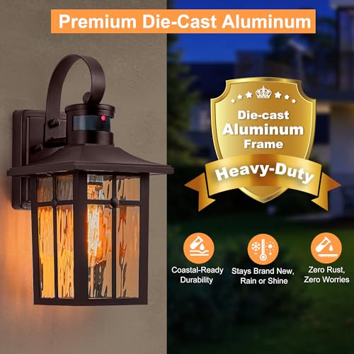 Aluminum Motion Sensor Outdoor Wall Sconces with Ripple Glass (2 Count)