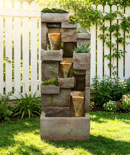 41.7" Outdoor Fountain 3 Tier Modern Water Fountain with LED Light and Pump
