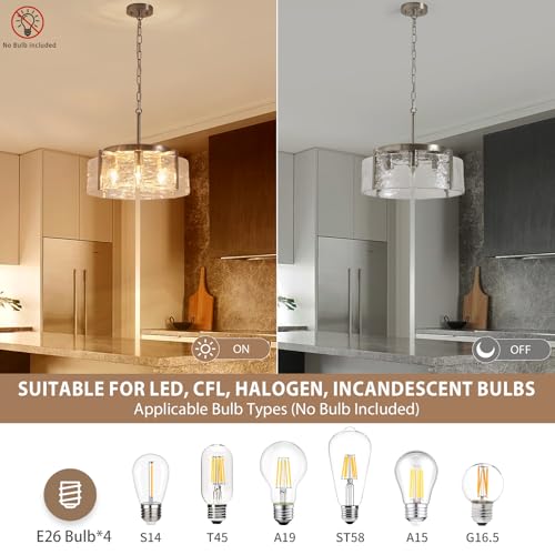 4 Light Glass Brushed Nickel Chandeliers for Dining Room 17.3" Round Modern Farmhouse Chandelier Drum Hanging Pendant Ceiling Light Fixture for Hallway Entryway Kitchen Island Foyer Bedroom