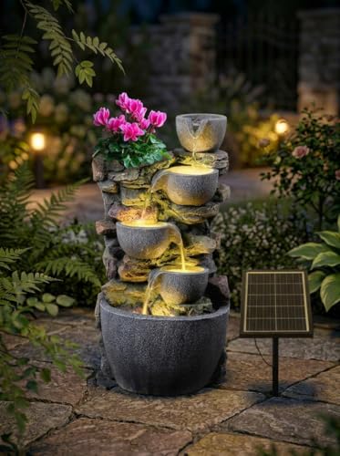 24'' Outdoor Solar Powered Water Fountain with Planter Pot and LED Lights