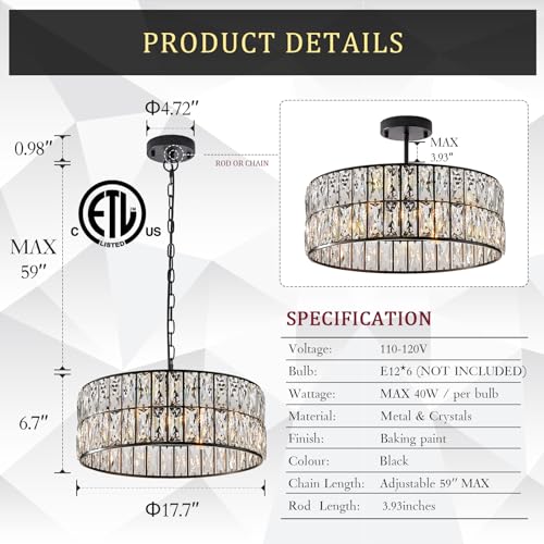 Black Crystal Chandelier 18" 6