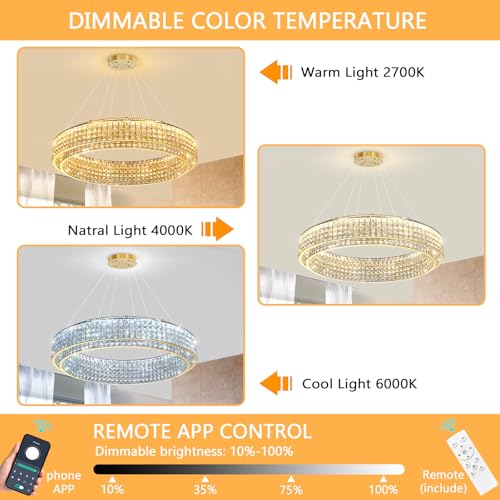 W40 Modern Chandeliers for Living Room LED Dimmable Pendant Lighting High Ceiling Chandelier for Dining Room Foyer Hallway Crystal Rectangle Light Fixtures Gold