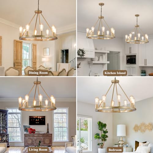 23.6“ 8 Lights Golden Wagon Wheel Chandelier, Large Luxury Kitchen Island Pendant Light for Living Dining Room Foyer Entryway,Height Adjustable,E26.