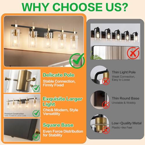 40.1 inch Vintage Brass Bathroom Vanity Light fixtures Bathroom Wall Lights Over Mirror with Glass Shade 5 Light