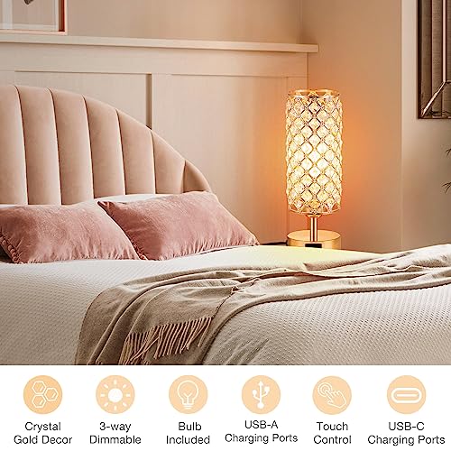 Gold Crystal Touch Lamp for Bedroom with USB