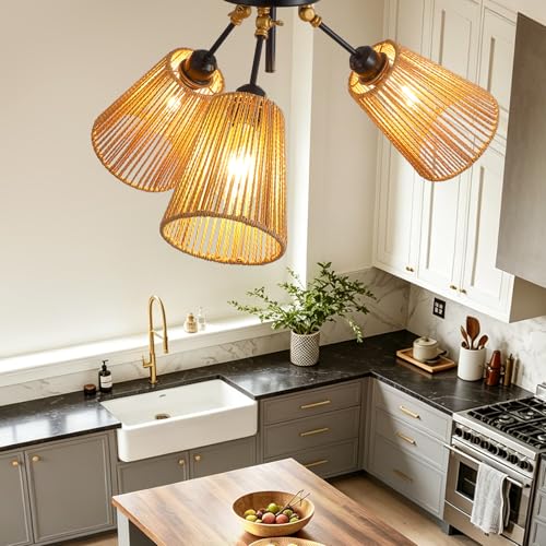 3 Light Rattan Boho Ceiling Light Adjustable Farmhouse Fixture (1 Pack 3-Light)
