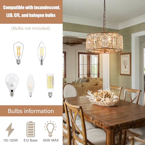 Bronze Vintage Crystal Chandeliers for Dining Room 14.17" Drum Pendant Lights