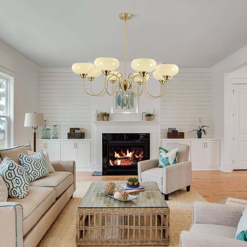 Large 8 Light Chandelier Modern Sputnik Chandeliers Flush Mount Ceiling Lights Cream Adjustable Height Pendant Lighting Vintage Gold Chandeliers with Light Yellow Glass Classic Ceiling Light