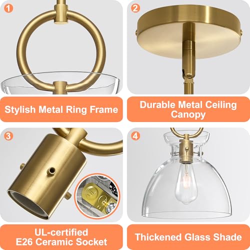 Gold Pendant Lights Kitchen Island with 9.84'' Clear Glass Shade (2 Count)