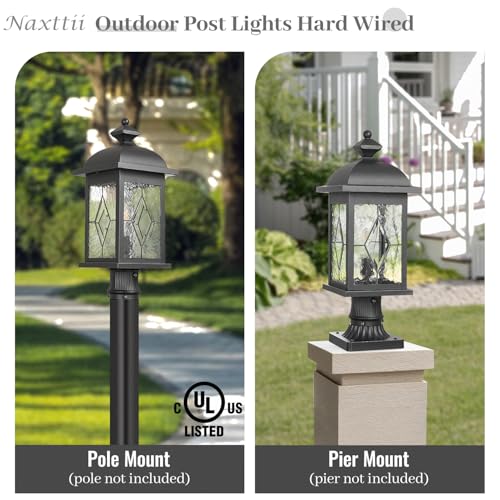 Dusk to Dawn Outdoor Post Lights Black Finish Lamp Posts Outdoor Lighting with Water Ripple Hand‑soldered Glass 21 Inch Height Large Pole Lights Outdoor for Walkway Porches or Garden