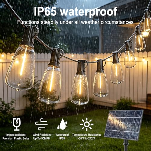 50FT Solar String Lights Outdoor with 32 LED Bulbs 1.5FT Bulbs Spacing