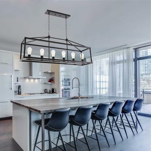 Modern Rectangle Chandelier 6 Light Black Industrial Vintage Kitchen Island Lighting Fixture Hanging Pendant Lamp Farmhouse Metal Cage Ceiling Light Fixtures for Living Room Dining Room Foyer