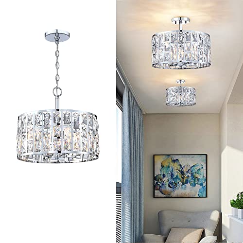 Farmhouse Crystal Convertible Chandelier and Semi Flush Mount Lighting Chrome Cylinder Drum Shade Pendant for Kitchen Island Dining Room Bedroom Hallway