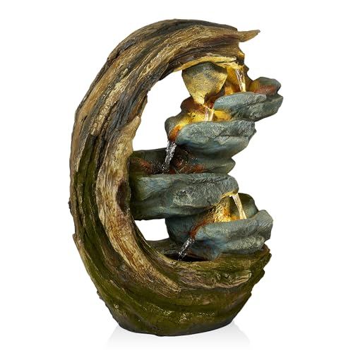 WIN1554S Outdoor Curved Trunk and Stone Floor Fountain with Warm White LED Lights