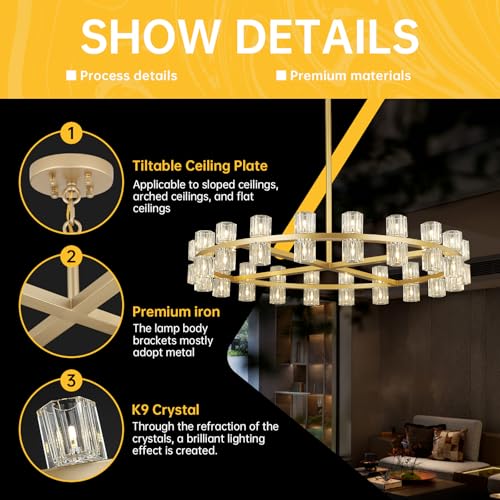 40 Light Dia 42" Gold Large Crystal Chandeliers for Dining Room Over Table