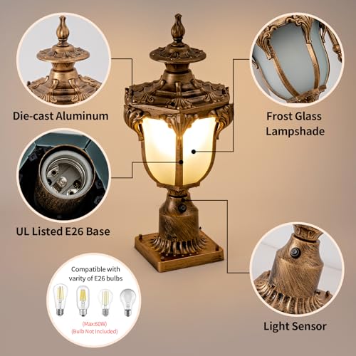 Dusk to Dawn Sensor Outdoor Post Light 22" Vintage Large Waterproof Exterior Lamp Landscape Lamps Post Retro Lantern Pole Light for Yard Garden Pathway Fence Brass