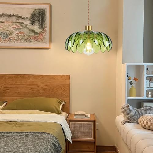 Plug in Pendant Light Hanging Lights with Plug in Cord Boho Hanging Lamp Glass Gold Mid Century Modern Vintage Dimmable Green Flower Plug in Chandelier Ceiling Fixture for Living Room