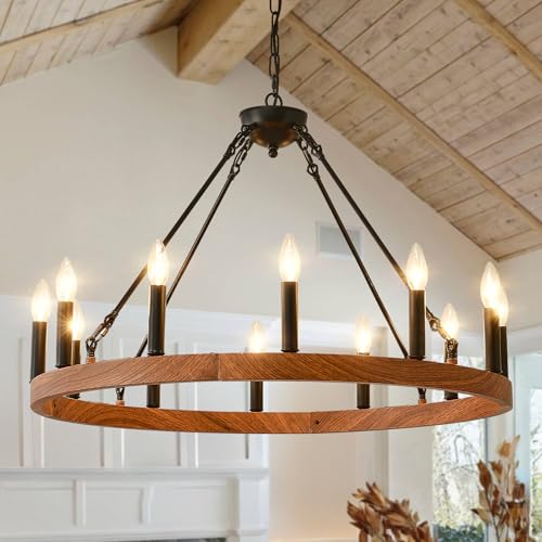 Wood Grain Wagon Wheel Chandelier 32