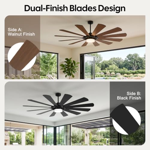 72"Large Farmhouse Ceiling Fan with Light & Remote (Black + Walnut / 72 Inch)