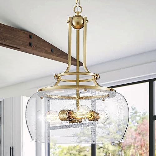 Chandelier Rustic Farmhouse Industrial Round Ceiling Pendant LED Light Fixture Clear Seeded Glass Shade for Dining Room Kitchen Island Foyer Entryway