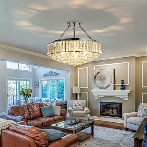 6 Light Modern Large Round Crystal Chandelier Chrome Semi Flush Mount Ceiling Light Fixtures E26 Ceiling Lamp for Dining Room Living Room Laundry Room Foyer Kitchen Balcony Bedroom