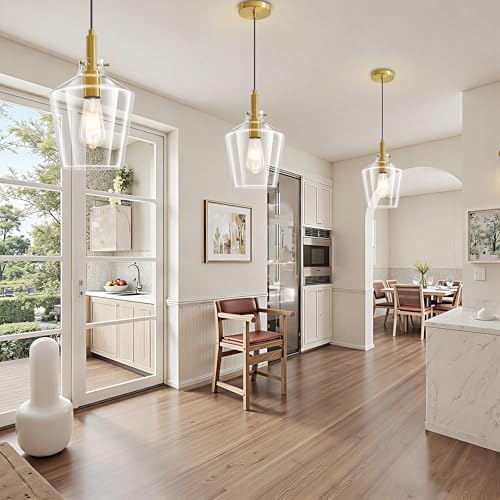 Glass Pendant Lighting for Kitchen Island Entryway 3 Pack Gold Clear 8 Inch (3 Count)