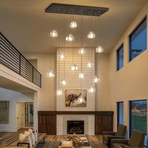 W27.6 x D11.8 x H118 Rectangular Glam Chandelier Bubble Crystal Ceiling Pendant Lights Dimmable High Ceiling Chandeliers Fixtures Adjustable Long Lights Black