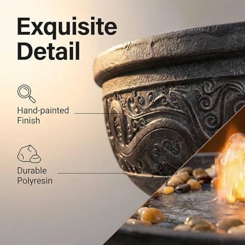 Outdoor Water Fountain with Led Light Decorative Pedestal Bowl Design with River Stones Home Decoration