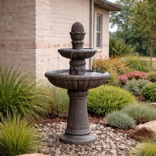 Deluxe Pineapple Pedestal 2 Tiered Floor Waterfall Fountain with Pump for Outdoor Patio Garden Backyard Decking