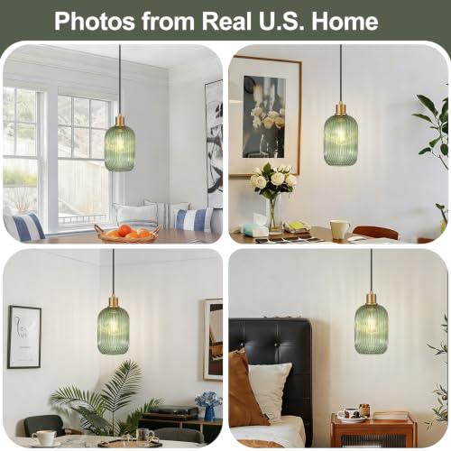 2 Pack Pendant Lights with Vintage Green Ribbed Glass Lampshade (2 Count)