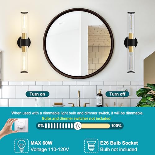 Hardwired Black Gold Vanity Light Clear Glass Wall Sconce