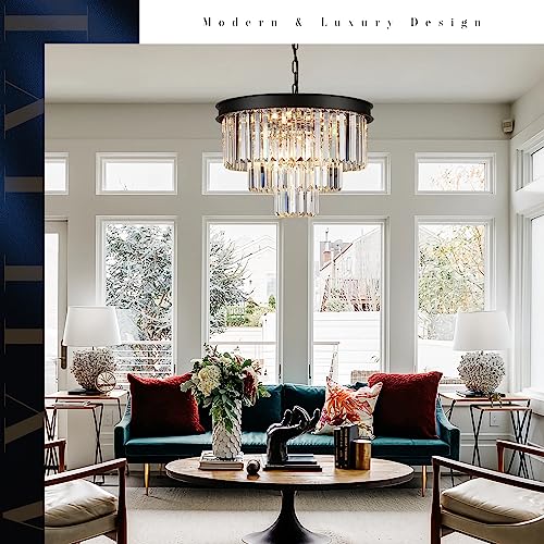 Black Crystal Chandelier Modern 20" Round Light Fixtures for Living Room