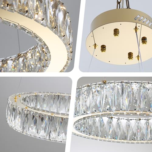 Modern LED Dimmable Crystal Chandelier 23.6" Ring Pendant Light Adjustable Gold Round Crystal Chandelier for Dining Room Living Room