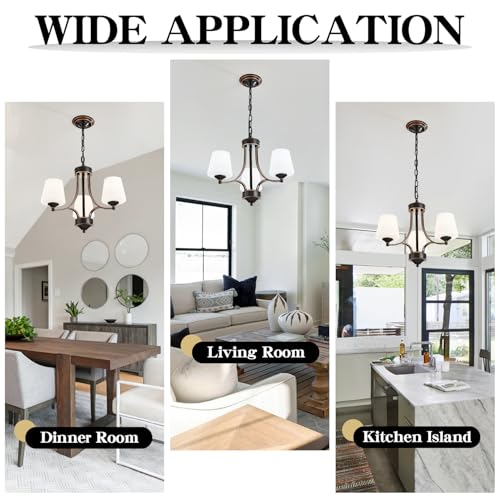 3 Light Farmhouse Chandelier with Milk White Frosted Glass Shades Black Dining Room Light Adjustable Height Ceiling Hanging Light Fixtures for Dinner Table