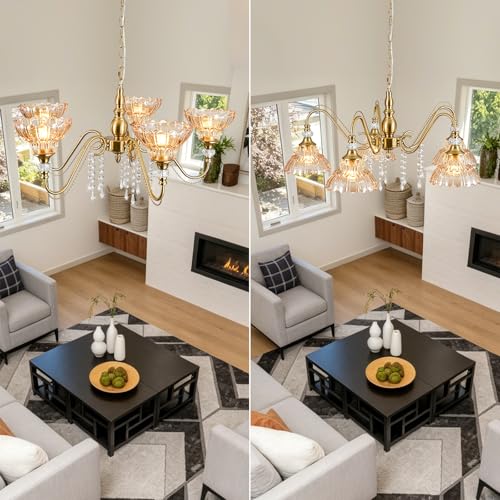 5 Light Vintage Chandelier in Brushed Gold Finish with Amber Flower (5-Light / Gold and Amber)