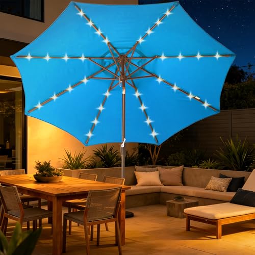 9' Patio Umbrella Outdoor Umbrella with lights Patio for Table Blue