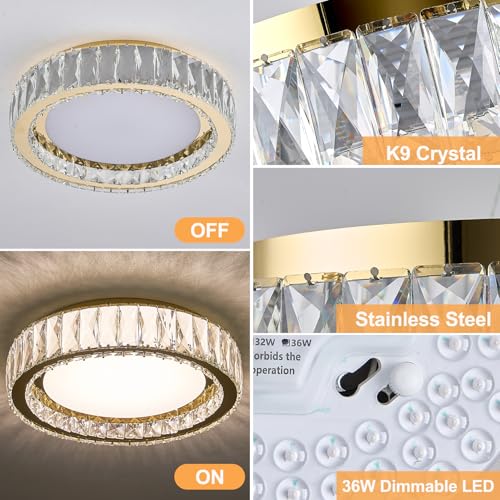 15 Inch Gold Dimmable Crystal LED Flush Mount Ceiling Light